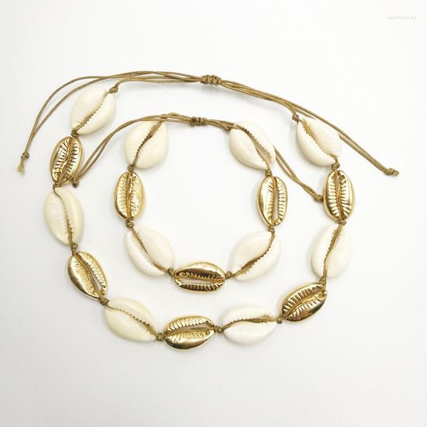 Gargantilla bohemia de concha Natural para mujer, Collar corto de Color dorado y plateado, cadena de cuerda tejida a mano, conjunto de pulsera llamativa, joyería