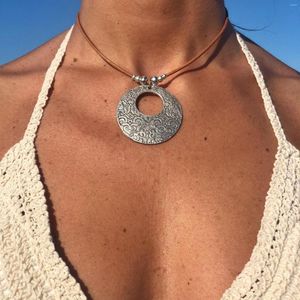 Gargantilla de estilo étnico bohemio, collares con colgante de camafeo redondo Vintage literario para mujer, cordón de cuero creativo, joyería de playa para fiesta CCB