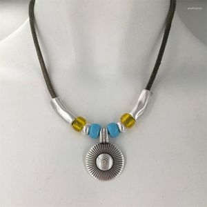 Tour de cou Style bohème Vintage pendentif rond collier pour femmes ethnique Faux Turquoise perlé cuir cordon fête bijoux