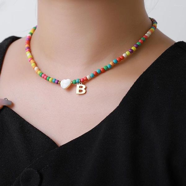 Gargantilla con inicial Bohemia para mujer, dijes de corazón de concha, colgante de letra de acero inoxidable, Collares de cuentas de piedra turquesa