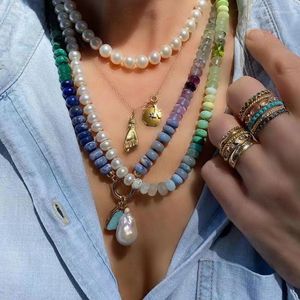 Gargantilla bohemia de piedra semipreciosa, Collar anudado con perlas de agua dulce, Jade birmano, aguamarina, Collar mixto, regalo de joyería étnica