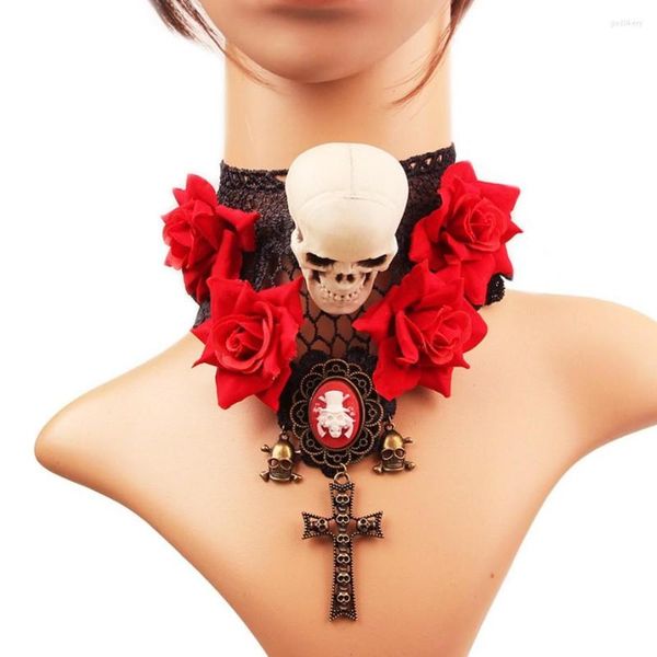 Collier ras du cou en tissu rouge, Design audacieux, pendentif Roses et crânes, collier en dentelle, bijoux Cosplay d'halloween