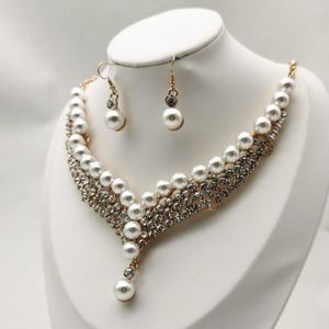 Choker Bruids Gesimuleerde Parel Sieraden Sets Voor Damesjurken Strass Ketting Set Goud Kleur Bruiloft