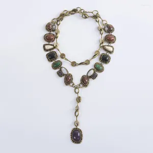 Collier ras du cou en Bronze pour femmes, bijoux Style bohème Antique, pierres précieuses multicolores, Vintage, chaîne en Y en or, métal martelé