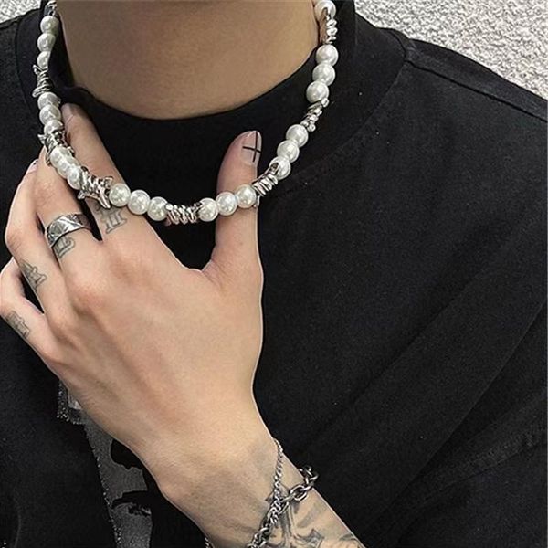 Gargantilla cadenas para hombre en collar para hombres para mujeres y2k accesorios collares equipospunk hip hop perla cadena de perlas empalme bijoux