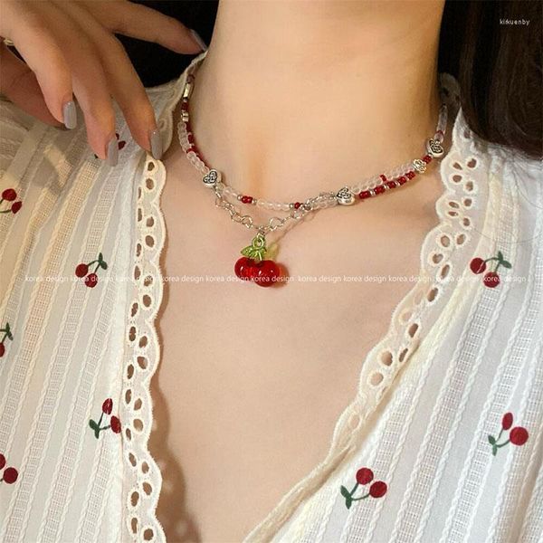 Gargantilla con colgante de cereza para mujer, cadena en forma de corazón y cuentas de arroz, accesorios Y2K de doble capa para clavícula