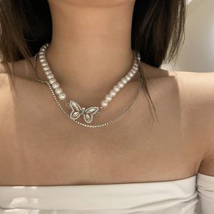 Choker Chokers Fée Exquis Mignon Papillon Cristal Perle Double Couche Chaînes Colliers Pour Femmes Goth Doux Insecte Collier Bijoux