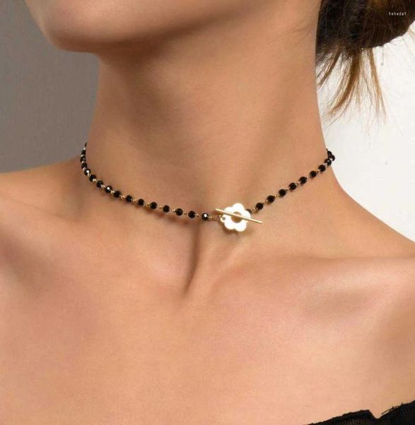 Collier ras du cou de luxe pour femmes, chaîne de perles de verre en cristal noir, collier de verrouillage à fleurs, bijoux courts, 2024