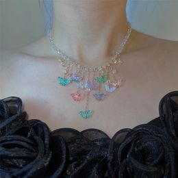 Choker Chokers LifeFontier Sweet Transparant Crystal Tassel Color Butterfly Necklace 2023 Koreaanse zomer charme bruiloft juweliers