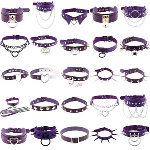 Chokers Chokers Punk Gothic Purple Pu Leather Heart Cross Cross Round Chains Colliers pour femmes Spike Rivet Neck GOH BIJOUR COLLAR PENDANT