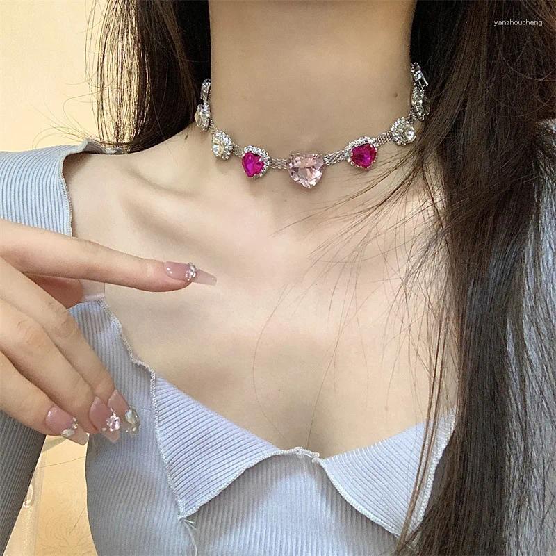 Choker Colorful Love Heart Crystal Rhinestone For Women Vintage Sweet Cool Charm Trendy Clavicle Necklace Aesthetics Y2k Jewelry