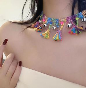 Gargantilla de cuerda tejida colorida para mujer, Collar con borla de corazón y campana, dulce encanto Y2k, cadena estética, joyería Vintage