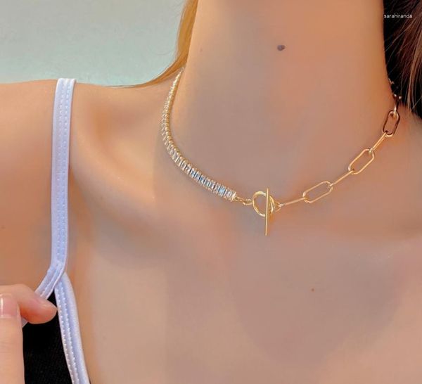 Gargantilla de cobre con costuras creativas, cadena de clavícula de circón brillante, collar con diseño de hebilla OT, joyería de moda para mujer