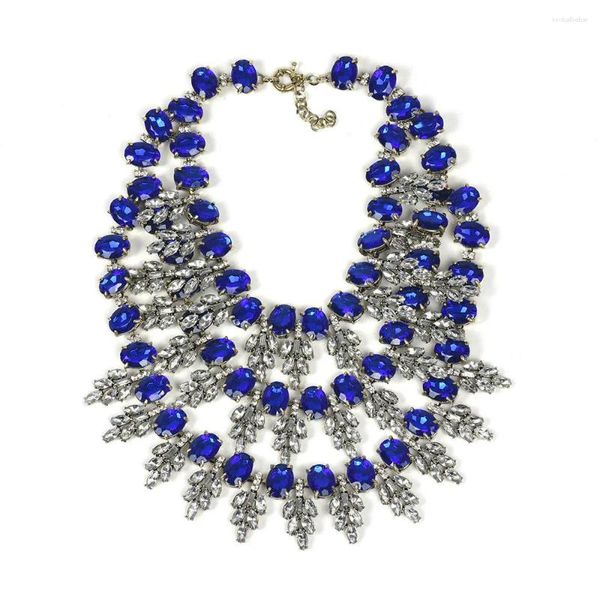 Gargantilla joyería de disfraz desfile de lujo grande Multi hilo cristal racimo declaración azul Rhinestone babero collar para mujer
