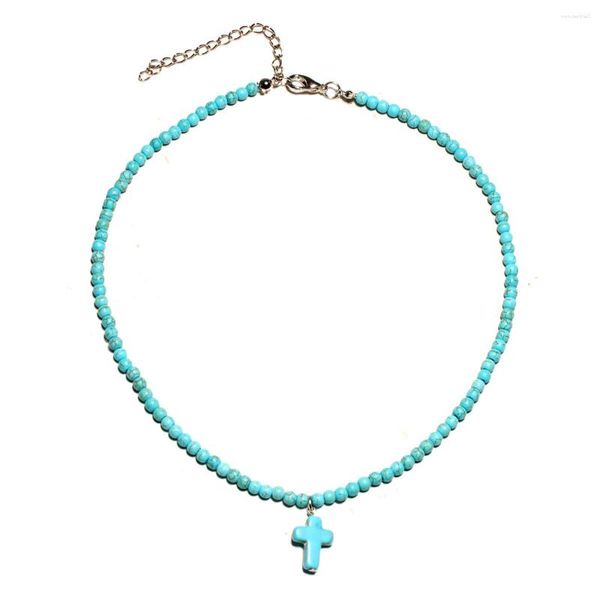 Choker Croix Perles Collier Turquoises Pierre Naturelle Pendentif Pour Les Femmes À La Main Bohème Vintage Bijoux