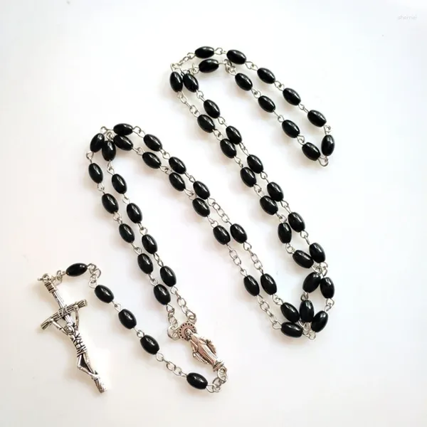 Choker Crystal Glass Rosary Perles Collier Colliers Charbattre Catholic Gift With Médailles 6x8mm Black Prayer Perle Bijoux catolite présente