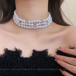 Choker Kristal Ingelegde Geometrische Meerlaagse Parelketting Franse Retro Kralen Sleutelbeenketting Luxe Nekdecoratie Voor Vrouwen