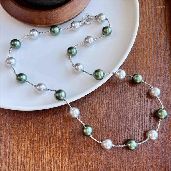 Collier ras du cou en perles de coquillages des profondeurs, gris, vert paon, 60cm