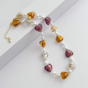 Gargantilla de diseñador de corazón de cristal, collar de retales de perlas, joyería única para mujer, colgante de Color INS, cadena de clavícula
