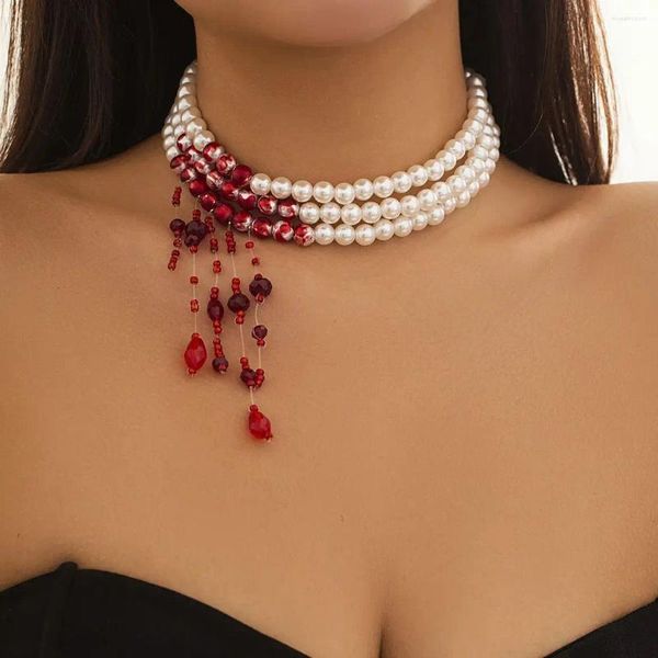 DIEZI Goth – collier multicouches en perles de sang rouge pour femmes, ras du cou, Vintage, perle de cristal, bijoux d'halloween