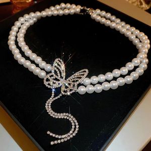 Choker dubbele laag strass vlinder parel ketting voor vrouwen Frans licht luxe zoete mode eenvoudige sieraden