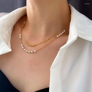 Tour de cou Double couches simples perles métalliques collier de perles pour les femmes Style coréen titane acier mode bijoux en gros