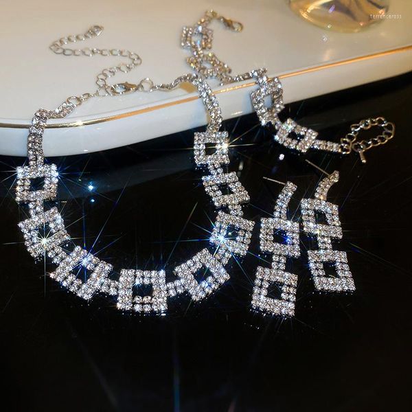 Gargantilla DREJEW, collares de cristal de Color plateado brillante para mujer, collar cuadrado, pendientes, pulsera, conjunto de joyería nupcial para boda