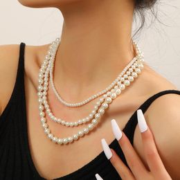 Collier ras du cou élégant en Imitation de perles de verre pour femmes, pull Long multicouche avec nœud Simple