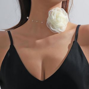 Gargantilla elegante perla cuerda flor clavícula collar de cadena para mujer boda imitación estética gran rosa joyería