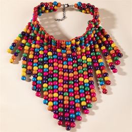 Tour de cou ethnique multicouche fait à la main coloré bois tissage faux collier collier pour femmes bavoir perles gland pendentif déclaration