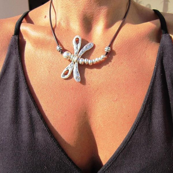 Tour de cou Style ethnique bohème en cuir corde colliers pour femmes alliage libellule perlé pendentif créatif plage vacances fête bijoux