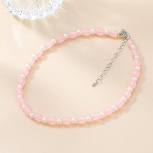 Choker Euro-Amerikaanse Dopamine Roze Kralen Parelsnoer Mode Schattig Voor Vrouwen Sleutelbeen Ketting Eenvoudige Sieraden Accessoire