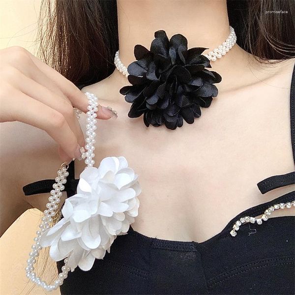 Collier ras du cou européen pour femmes, grand collier de fleurs en tissu pelucheux, multicouche, Imitation de perles, chaîne, bijoux