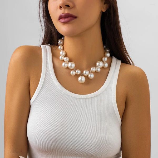 Gargantilla exagerada con cuentas grandes para mujer, banda para el cuello corta, cadena estilo Punk, Collar de perlas de imitación, joyería para fiesta