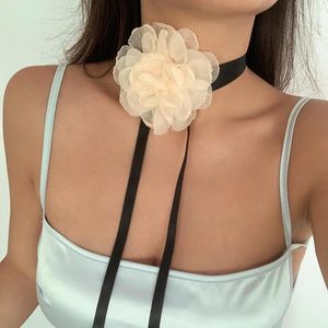 Ras du cou ruban exotique à lacets corde chaîne collier pour femmes enthousiasme élégant grande Rose fleur Chokers bijoux Y2K accessoires