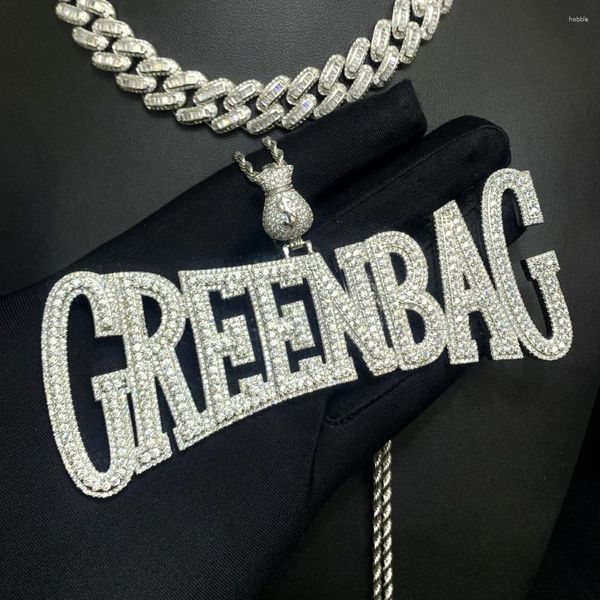 Choker Extra Big Hip Hop Men Bijoux de bijoux d'argent Bail Full pavé 5A CZ Iced Out Bling Letter Sac Green Pendant Collier