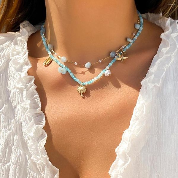 Gargantilla de moda bohemia piedra triturada cristal de imitación cadena de clavícula versátil estilo étnico collar de concha de hoja de estrella para mujer