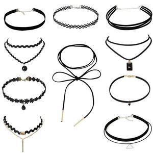 Chokers de moda de gargantilla collar de terciopelo de encaje negro para mujeres harajuku cintas collares de flores enchados joyas punk
