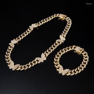 Choker Fashion Hip Hop Jewelry Cuban Miami Link Chain Necklace Men and Women Rhinestone Butterfly Bracelet Set