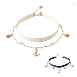 Choker Mode-sieraden Double Chain Layer Crystal Blauw Wit Lint Ketting Goud Kleur Shell Anker Voor Vrouwen Meisjes