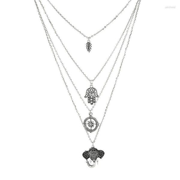 Choker Mode Long Gland Sautoirs Multicouche Feuille Boussole Hamsa Main Éléphant Lariat Bar Collier Pendentifs Chaîne Collier Femmes Bijoux