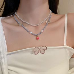 Ras du cou mode multicouche acrylique perles papillon fraise collier pour femmes coeur métal chaîne collier colliers bijoux