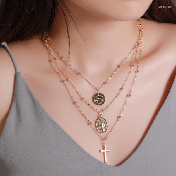 Collier de mode ras du cou en alliage métallique à trois couches lettre croix pendentif pièce d'or pour Jésus catholique croyants chrétiens accessoires cadeaux