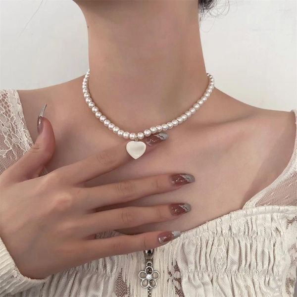 Gargantilla de moda Para Mujer, collar con colgante de corazón de melocotón Para Mujer, joyería de perlas con cuentas de concha de imitación blanca, Collares Para Mujer