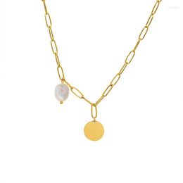 Tour de cou mode disque rond pendentif eau douce collier de perles en acier inoxydable lien chaîne Collier bijoux Collier Femme