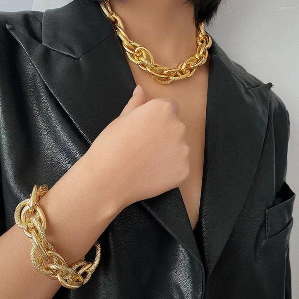 Ras du cou mode chaîne épaisse collier et Bracelet pour femmes Punk ovale chaînes à maillons couleur or métal colliers à la mode bijoux cadeau