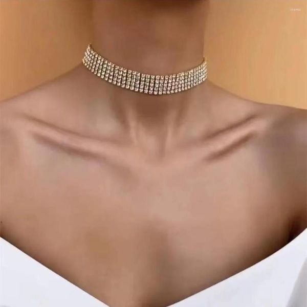 Gargantilla de moda para mujer, collar con banda para el cuello de 5 filas de diamantes de imitación, joyería de lujo, cristal brillante, acceso nupcial para fiesta de boda