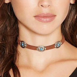 Ras du cou bijoux à la mode Style bohème rétro Simple fleur en métal plaque Turquoise cou chaîne collier