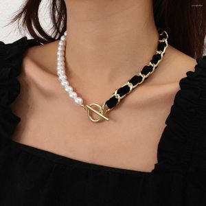 Choker Flashbuy Imitation vintage perle d'￩pissage en tissu ruban Collier de cha￮ne de m￩tal pour les femmes