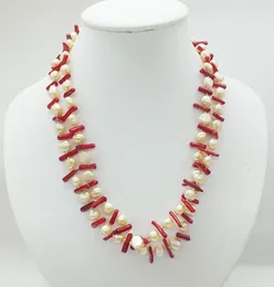 Choker gratis levering!Classic 2 Row Natural Pink Freshwater Pearl Coral Necklace 19 "